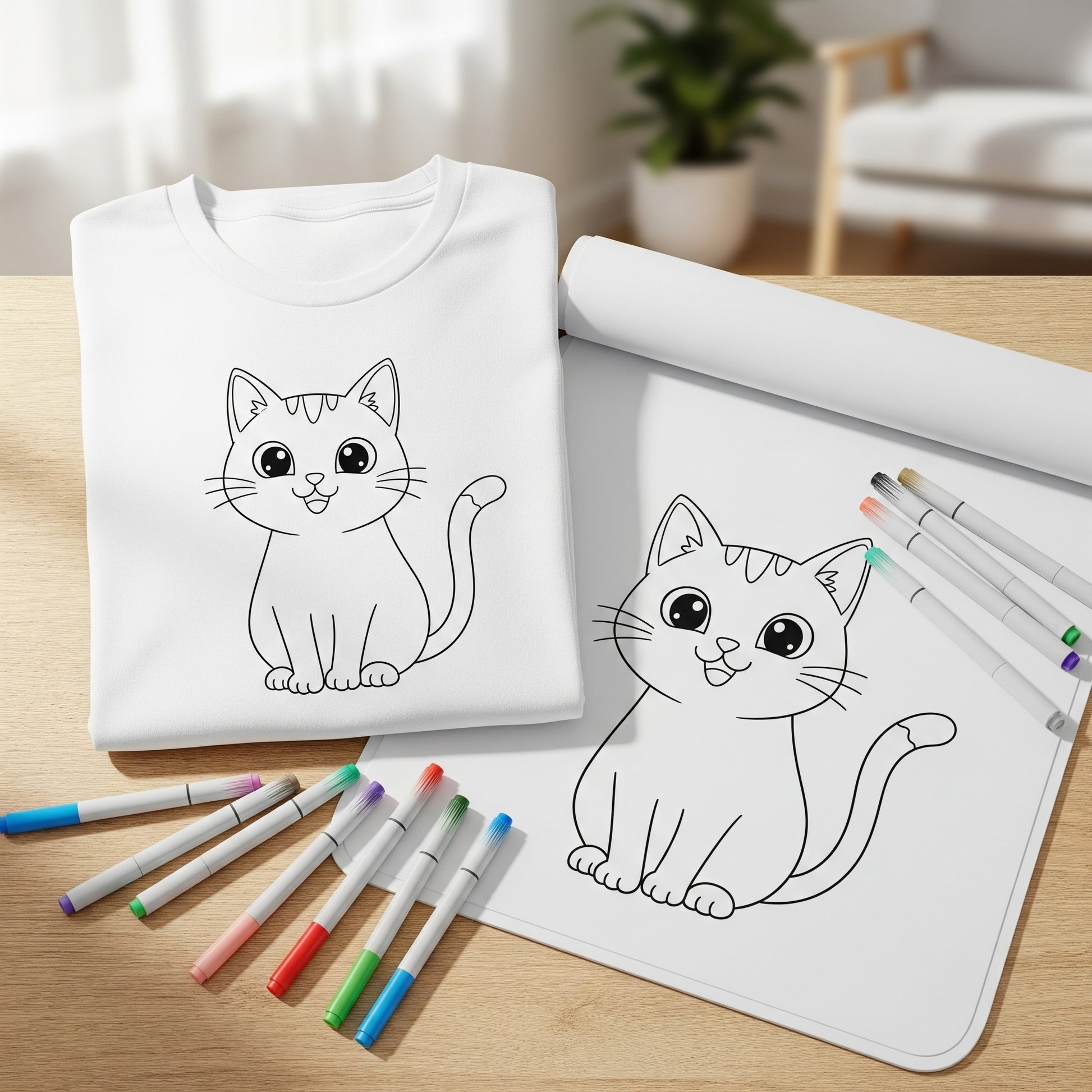 Colour It Yourself - Cat Tee + Doodle Mat Combo
