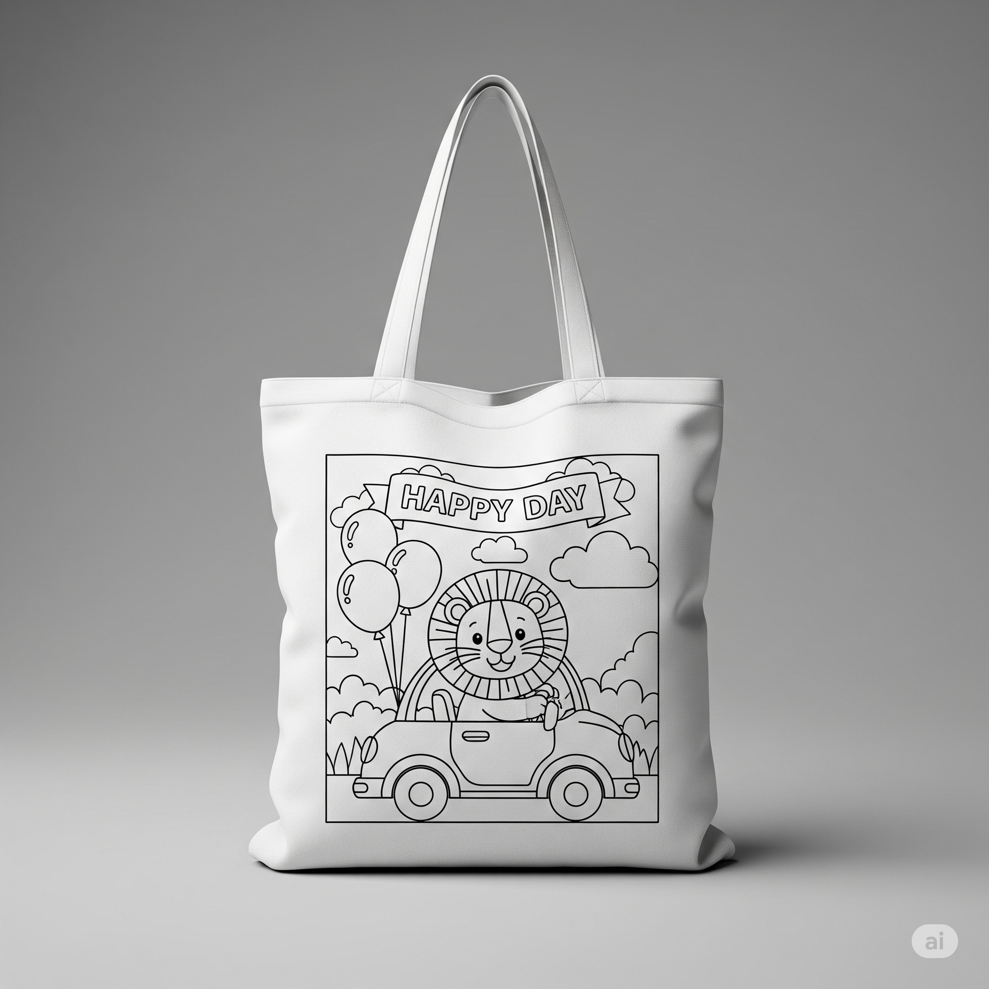 Happy Lion Drive Coloring Tote Bag with Markers